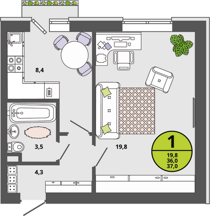 36 м², 1-комн. квартира, 2/3 этаж