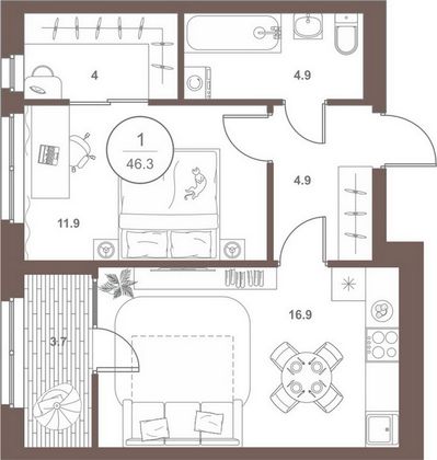 Продажа 1-комнатной квартиры 46,1 м², 7/18 этаж