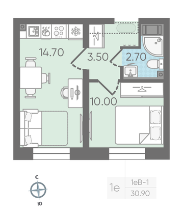Продажа 1-комнатной квартиры 30,9 м², 3/16 этаж