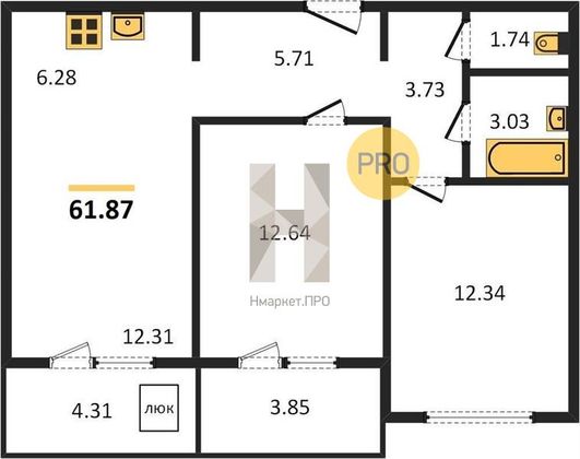 Продажа 2-комнатной квартиры 61,9 м², 8/8 этаж