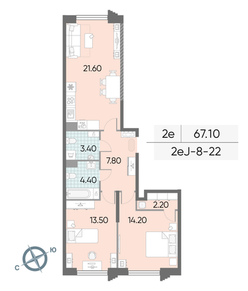 Продажа 2-комнатной квартиры 67,1 м², 22/58 этаж