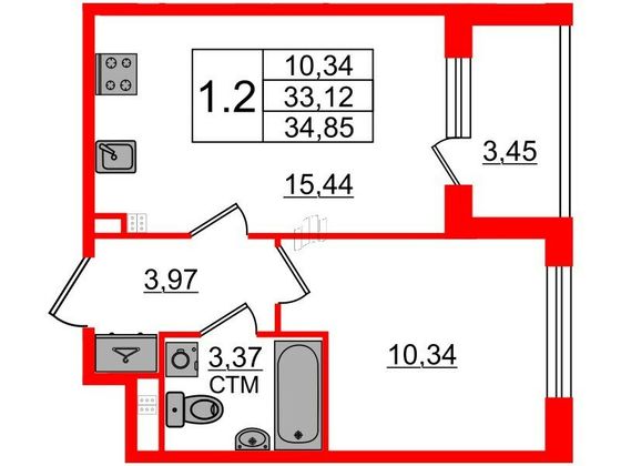 Продажа 1-комнатной квартиры 33,1 м², 3/4 этаж