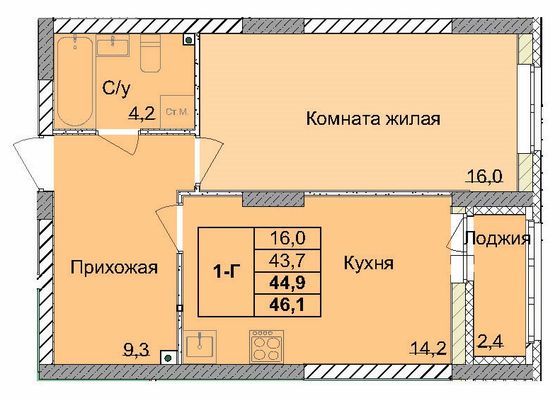 Продажа 1-комнатной квартиры 44,9 м², 1/18 этаж