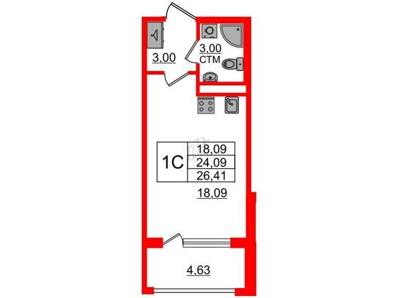 Продажа квартиры-студии 24,1 м², 2/4 этаж
