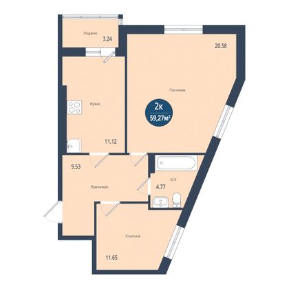 Продажа 2-комнатной квартиры 59,3 м², 9/21 этаж