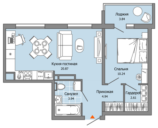 45 м², 2-комн. квартира, 6/9 этаж