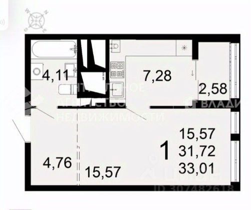 Продажа 1-комнатной квартиры 33,1 м², 8/25 этаж