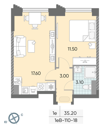 35,2 м², 1-комн. квартира, 18/58 этаж