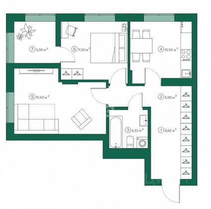 Продажа 2-комнатной квартиры 57,9 м², 8/10 этаж