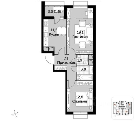 Продажа 2-комнатной квартиры 57,7 м², 9/12 этаж