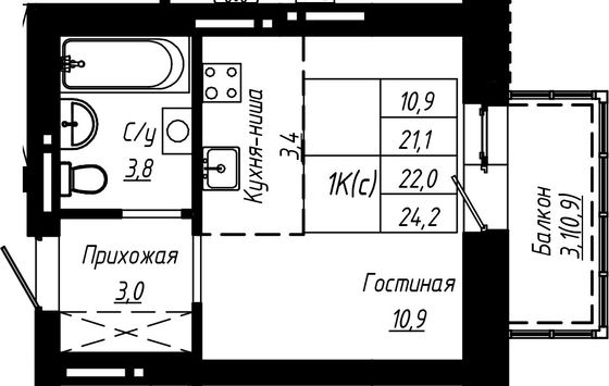 Продажа 1-комнатной квартиры 22 м², 6/16 этаж