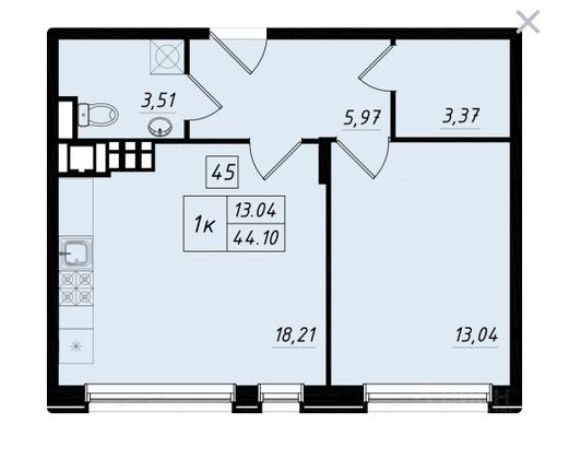 Продажа 2-комнатной квартиры 44,1 м², 3/4 этаж