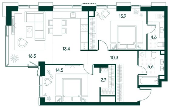 Продажа 2-комнатной квартиры 83,5 м², 3/22 этаж