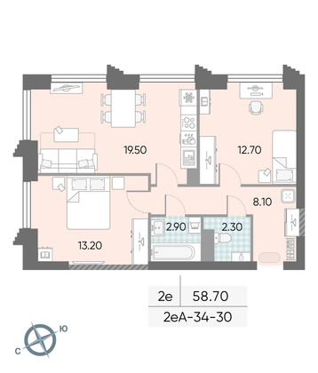 Продажа 2-комнатной квартиры 58,7 м², 30/58 этаж