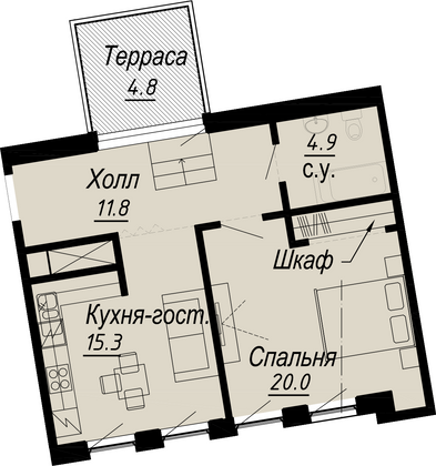 54,4 м², 1-комн. квартира, 6/8 этаж