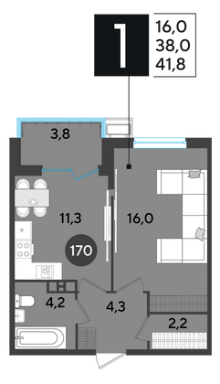 41,8 м², 1-комн. квартира, 4/9 этаж