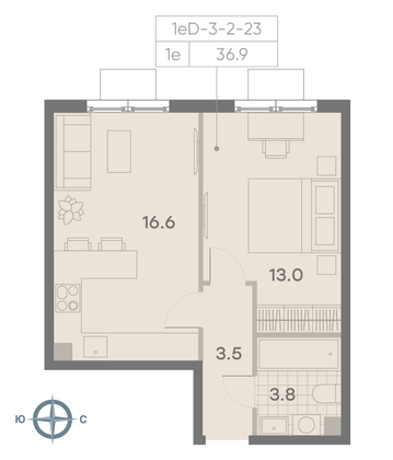 Продажа 1-комнатной квартиры 36,9 м², 19/23 этаж