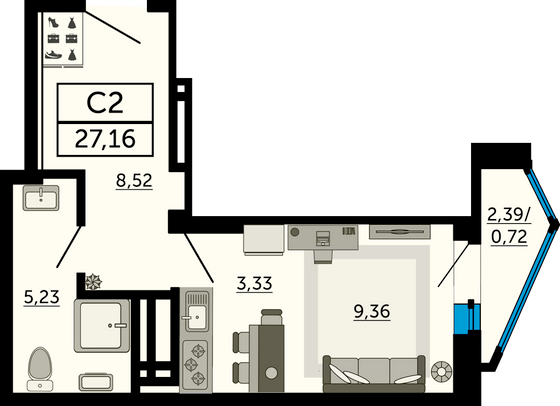 27,2 м², студия, 16/26 этаж