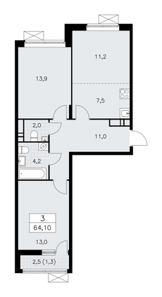 64,1 м², своб. планировка, 11/16 этаж