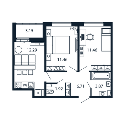 Продажа 2-комнатной квартиры 49,3 м², 2/12 этаж