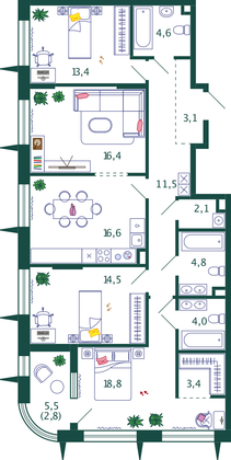 116 м², 4-комн. квартира, 2/15 этаж