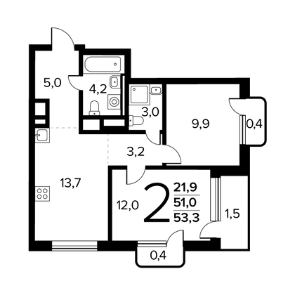 53,3 м², 2-комн. квартира, 7/14 этаж