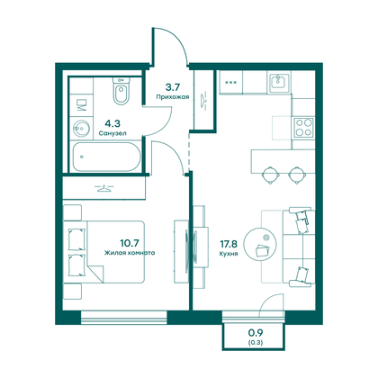 36,8 м², 1-комн. квартира, 4 этаж