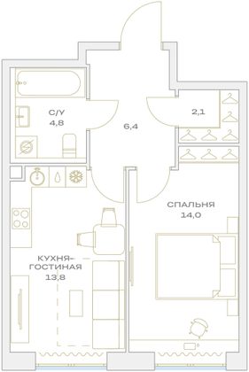 Продажа 1-комнатной квартиры 41,1 м², 2/23 этаж