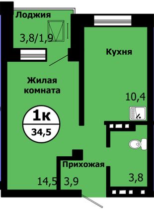 Продажа 1-комнатной квартиры 34,5 м², 2/19 этаж