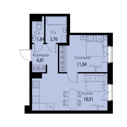 Продажа 1-комнатной квартиры 39,5 м², 4/11 этаж