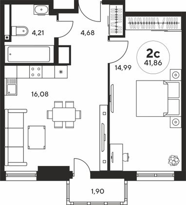 41,8 м², 2-комн. квартира, 6 этаж