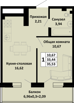 35,5 м², 1-комн. квартира, 2/4 этаж