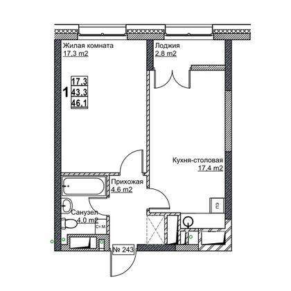 Продажа 1-комнатной квартиры 46,1 м², 13/24 этаж