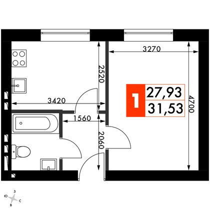 31,5 м², 1-комн. квартира, 4/4 этаж