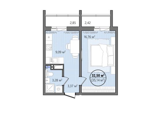Продажа 1-комнатной квартиры 37,9 м², 3/14 этаж