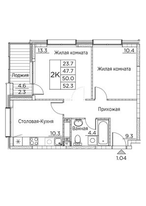 52,3 м², 2-комн. квартира, 3/23 этаж