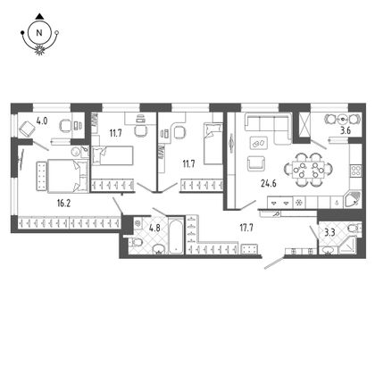 93,8 м², 3-комн. квартира, 13/18 этаж