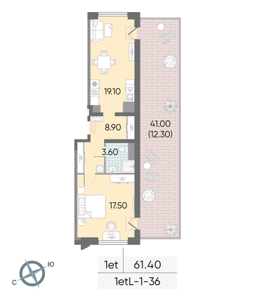 Продажа 1-комнатной квартиры 61,4 м², 36/58 этаж