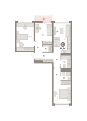 86,8 м², 3-комн. квартира, 3/8 этаж