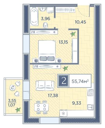 Продажа 2-комнатной квартиры 55,7 м², 6/18 этаж