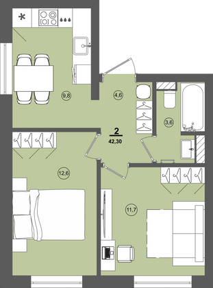 Продажа 2-комнатной квартиры 42,3 м², 1/9 этаж