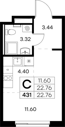 22,8 м², студия, 3/9 этаж