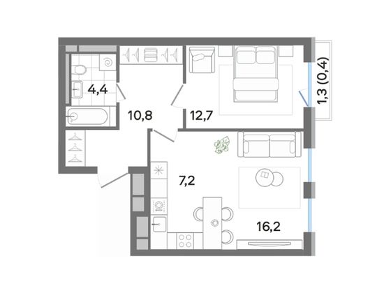 51,7 м², 2-комн. квартира, 2/4 этаж