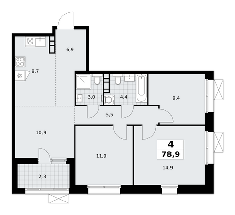 78,9 м², 4-комн. квартира, 14/21 этаж