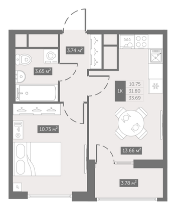 33,7 м², 1-комн. квартира, 7/10 этаж