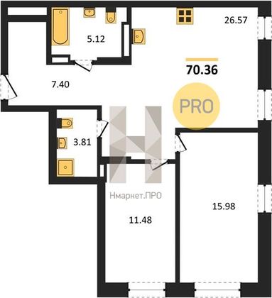 Продажа 2-комнатной квартиры 70,4 м², 23/25 этаж
