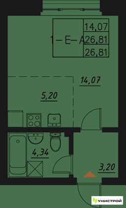 26,8 м², 1-комн. квартира, 16/20 этаж