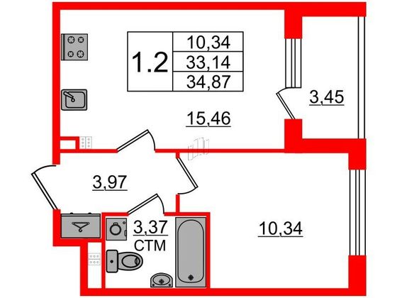 Продажа 1-комнатной квартиры 33,1 м², 3/4 этаж