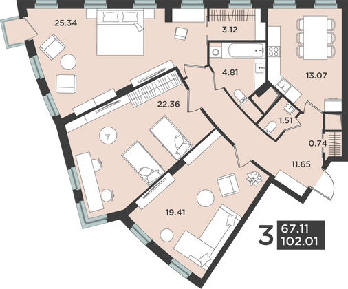 Продажа 3-комнатной квартиры 102 м², 4/18 этаж