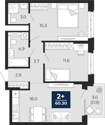 60,3 м², 2-комн. квартира, 11/19 этаж